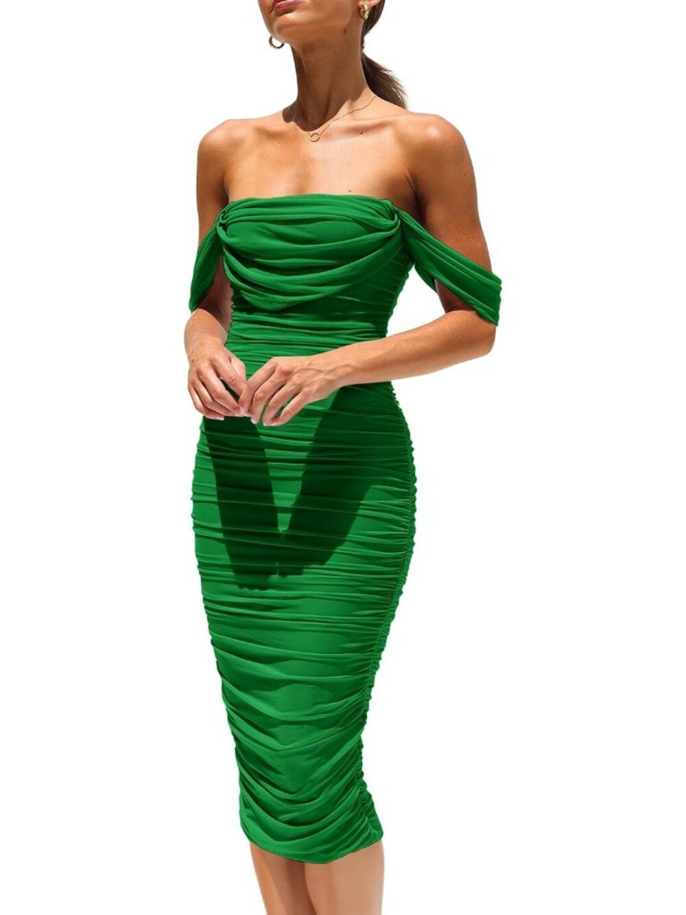 Women's Green Off Shoulder Bodycon Tube Midi Dress Stretchy Mesh Party Outfits
